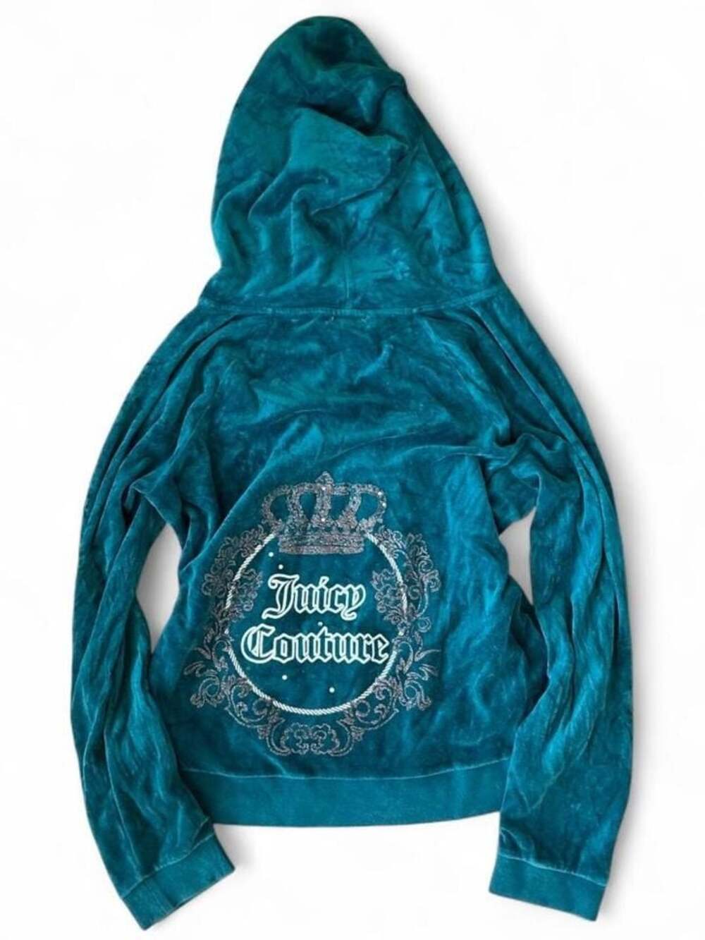 Y2K Juicy Couture Teal Velour Zip Up Hoodie – Rhinestone Logo (Size XL)